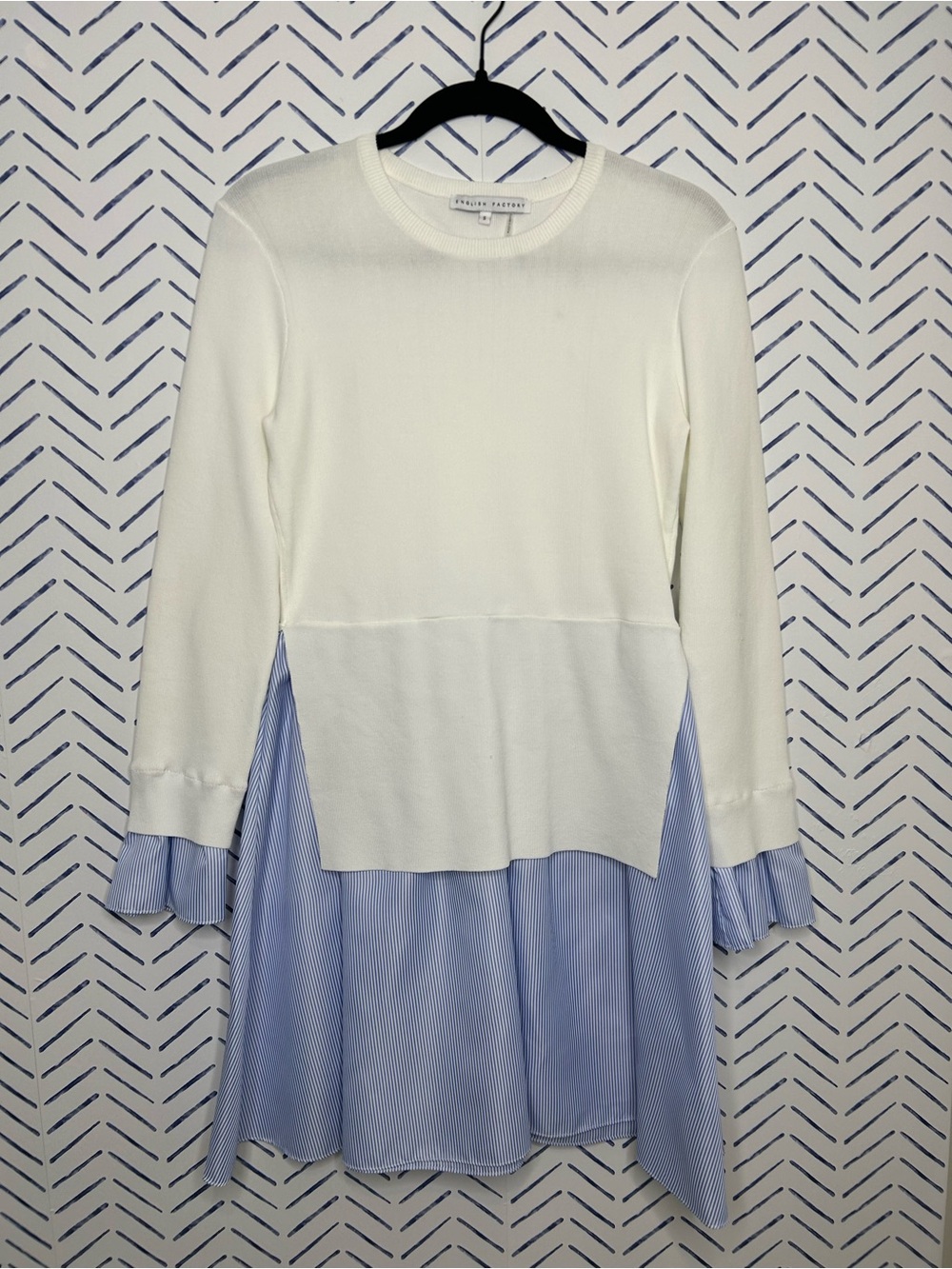 NWOT English Factory Mixed Media Knit Dress in blue and white poplin Size Small - Picture 2 of 7